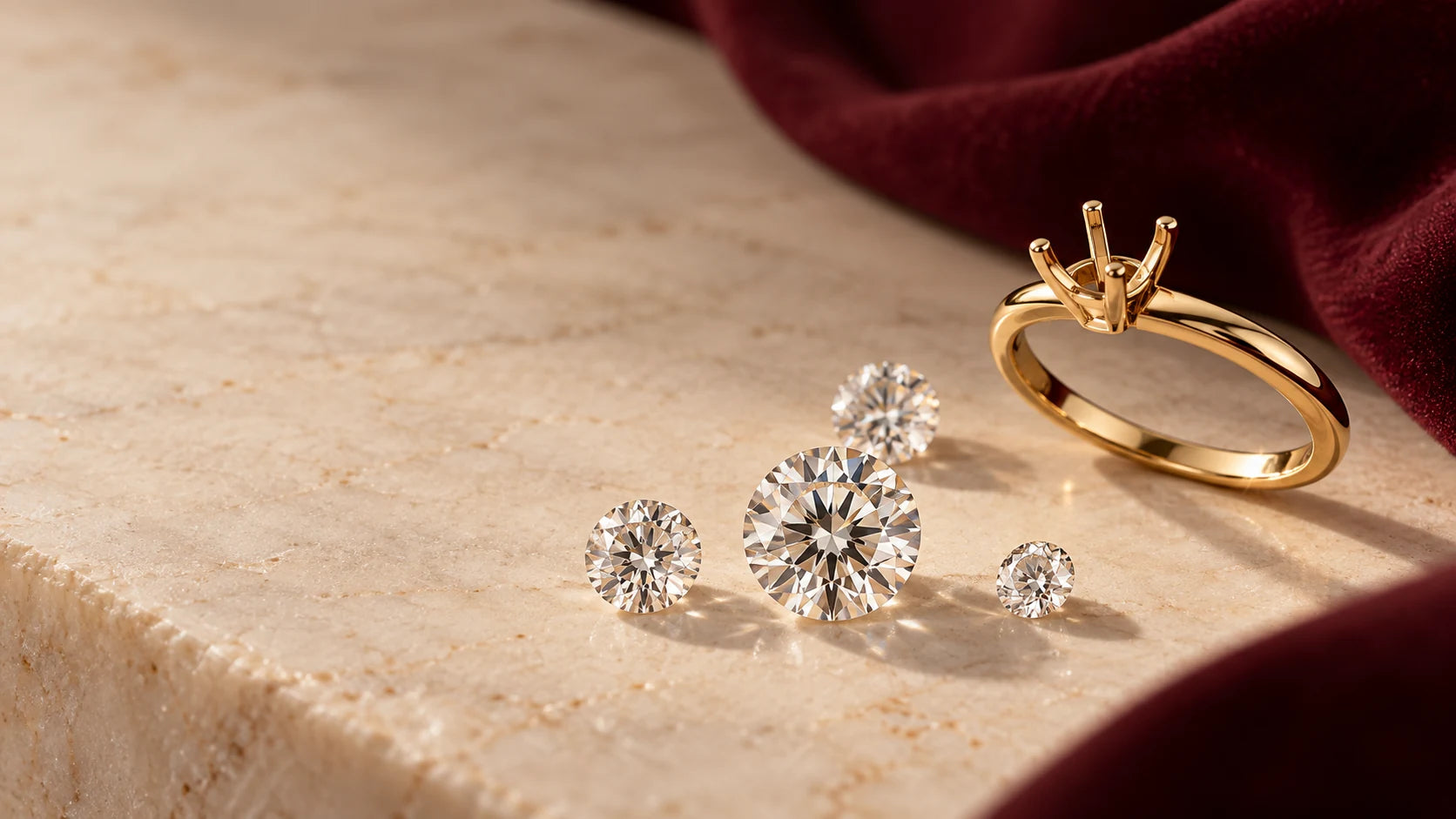 Diamonds and a ring setting arranged for an editorial guide