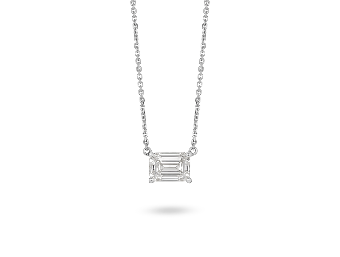 Front view of 1 carat emerald cut solitaire pendant in 14k white gold