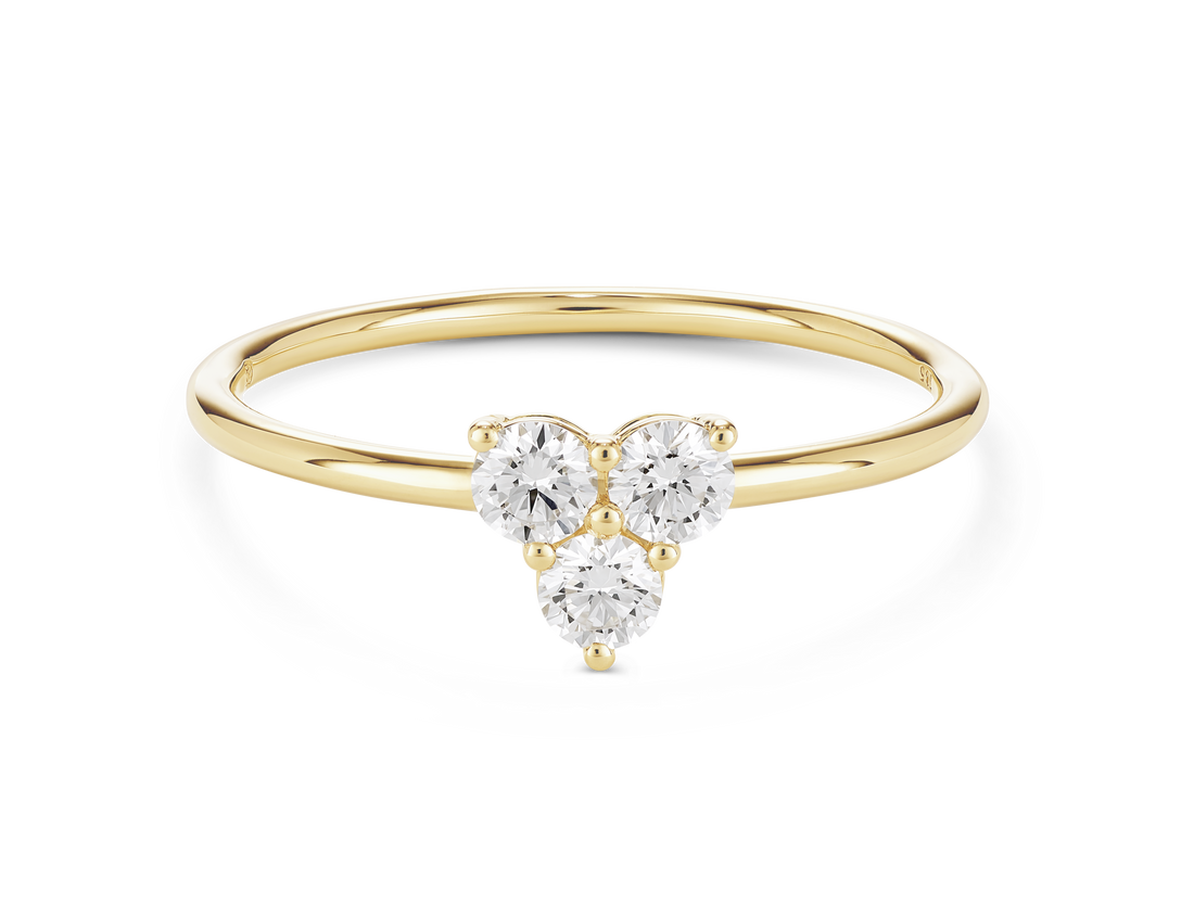 Front view of lab-grown diamond mini trio ring in yellow gold