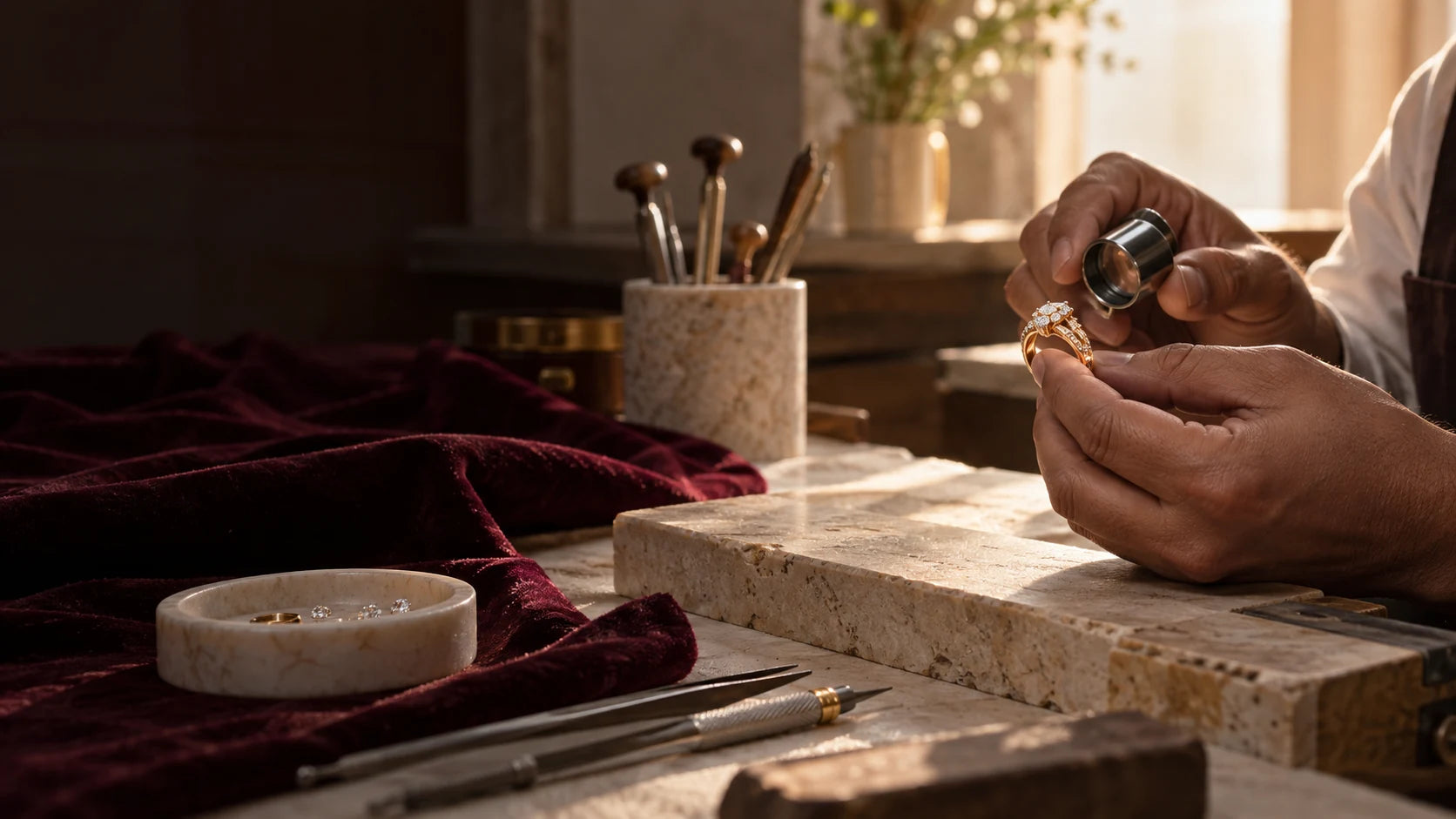 Jeweller carefully inspecting a diamond ring